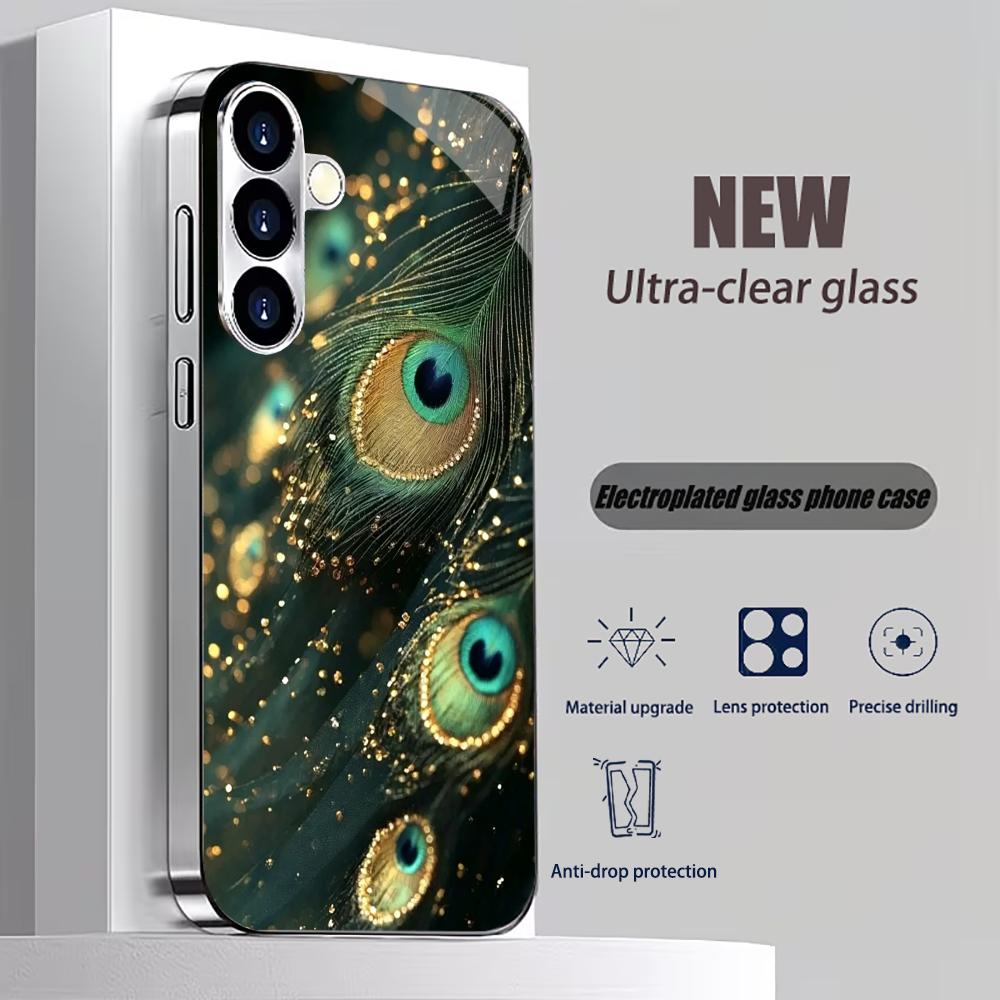 Pc Case Tempered Glass - Green peacock feathers Tempered Glass Fashion
